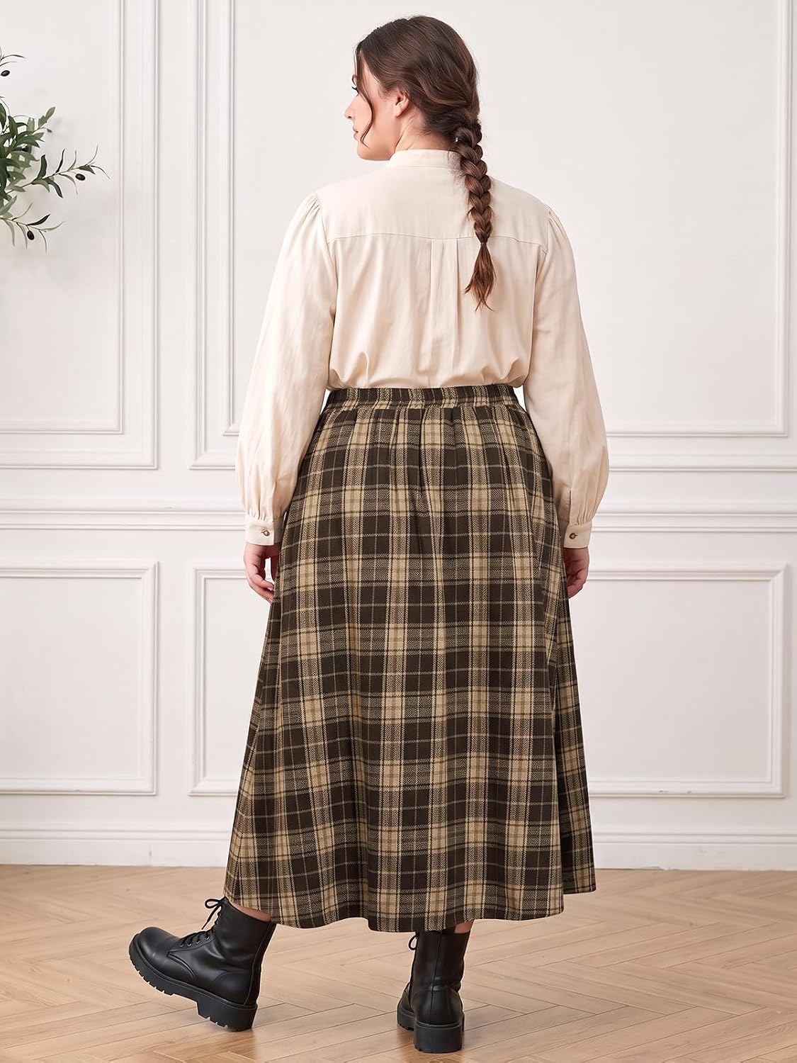 Moon Wood Plus Size Plaid Maxi Skirts for Women Long Skirt with Pockets - Plaid 01