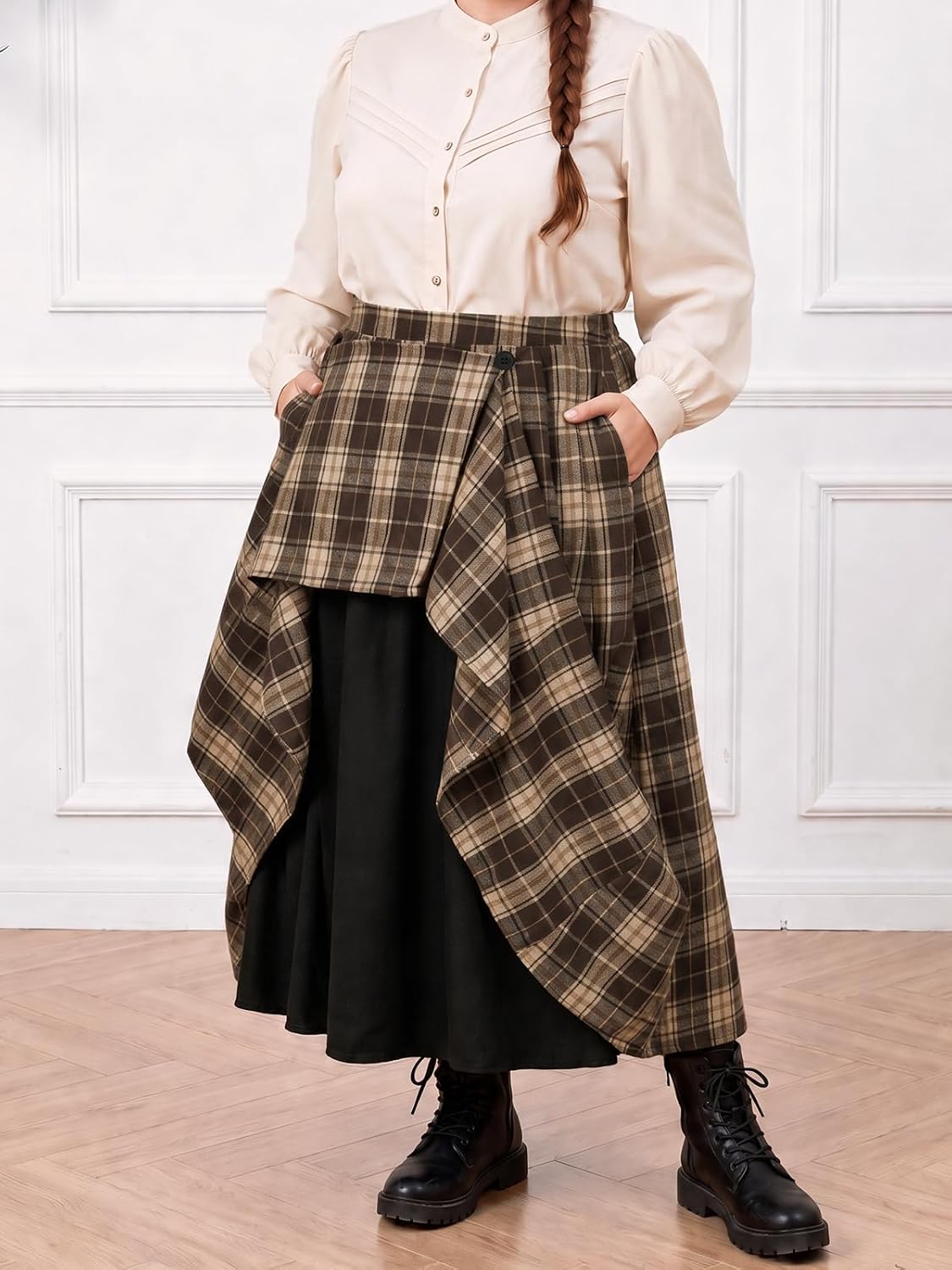 Moon Wood Plus Size Plaid Maxi Skirts for Women Long Skirt with Pockets - Plaid 01