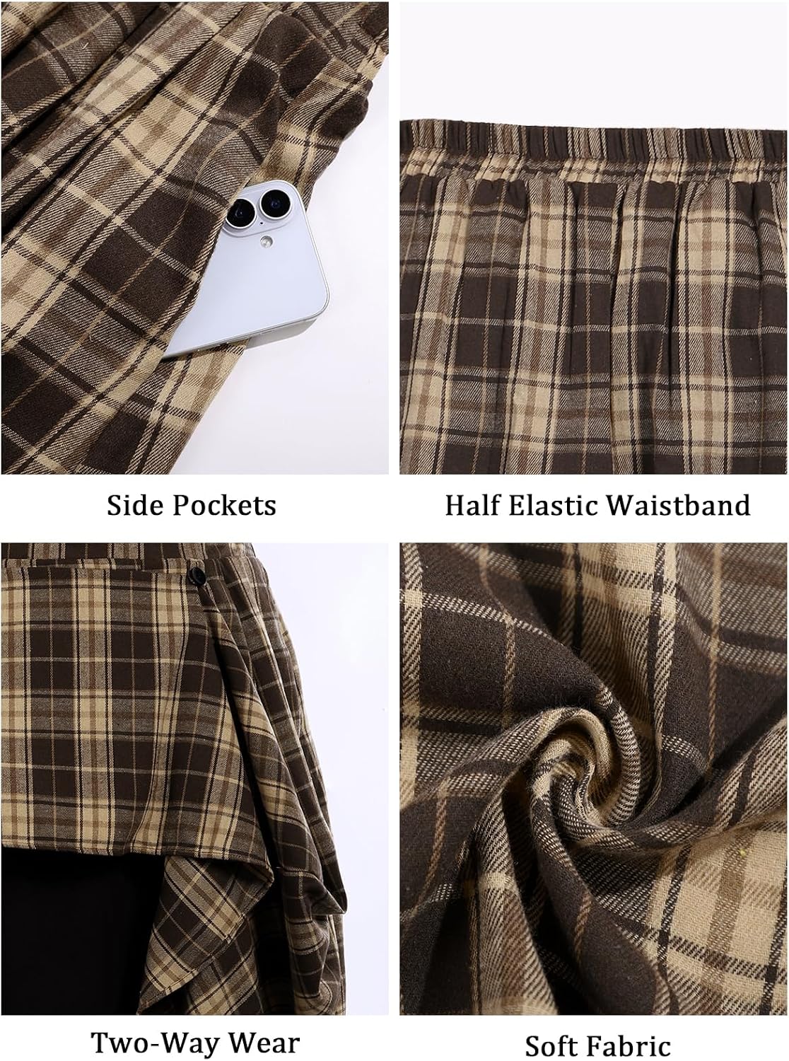 Moon Wood Plus Size Plaid Maxi Skirts for Women Long Skirt with Pockets - Plaid 01