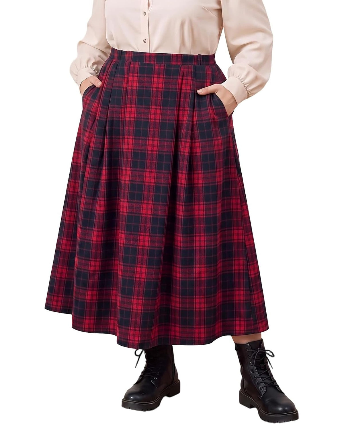 Moon Wood Plus Size Plaid Maxi Skirts for Women Long Skirt with Pockets - Plaid 02