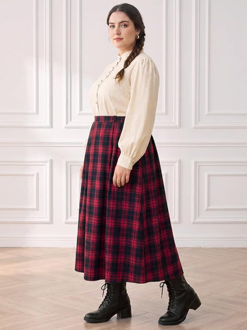 Moon Wood Plus Size Plaid Maxi Skirts for Women Long Skirt with Pockets - Plaid 02