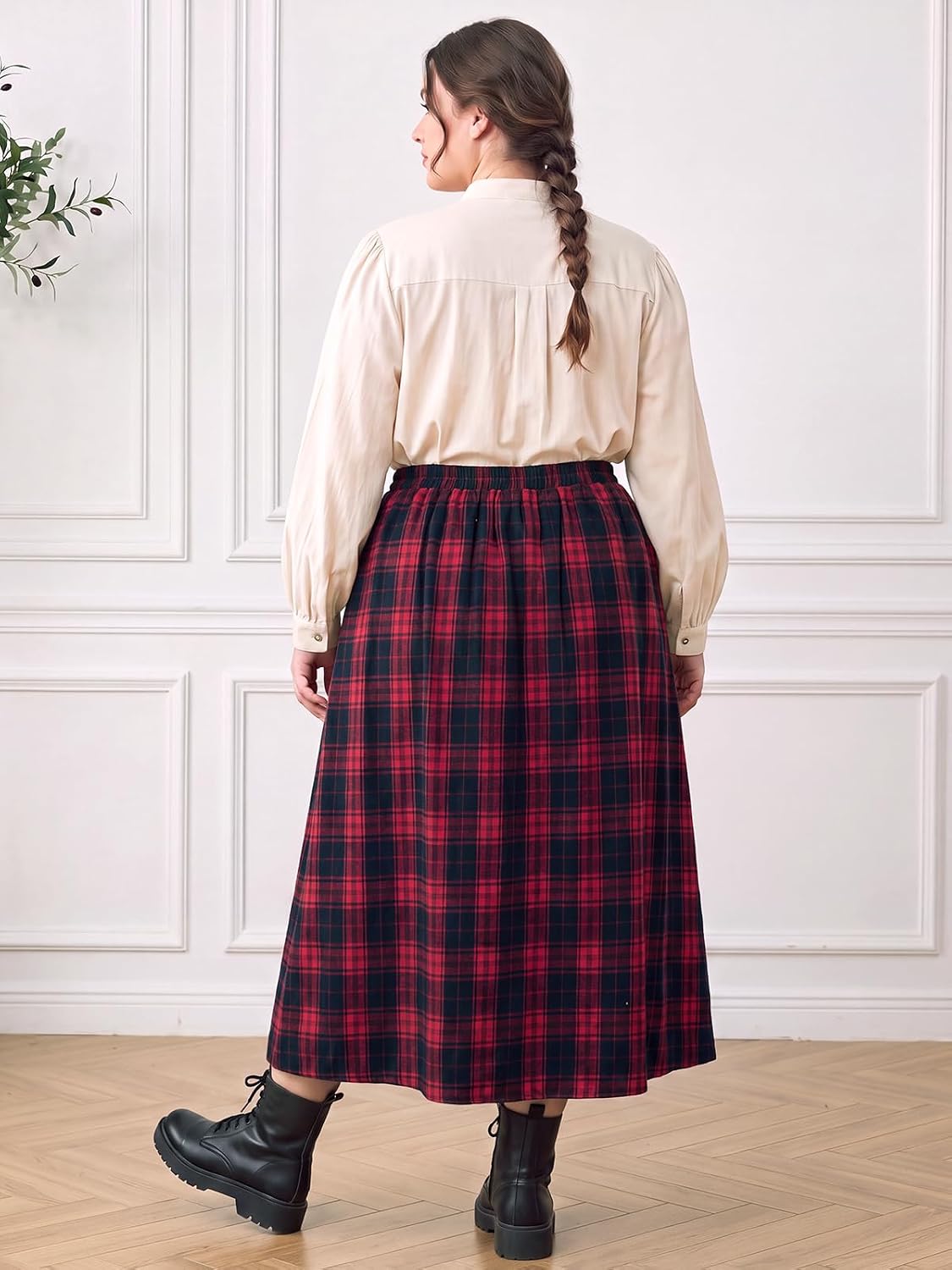 Moon Wood Plus Size Plaid Maxi Skirts for Women Long Skirt with Pockets - Plaid 02
