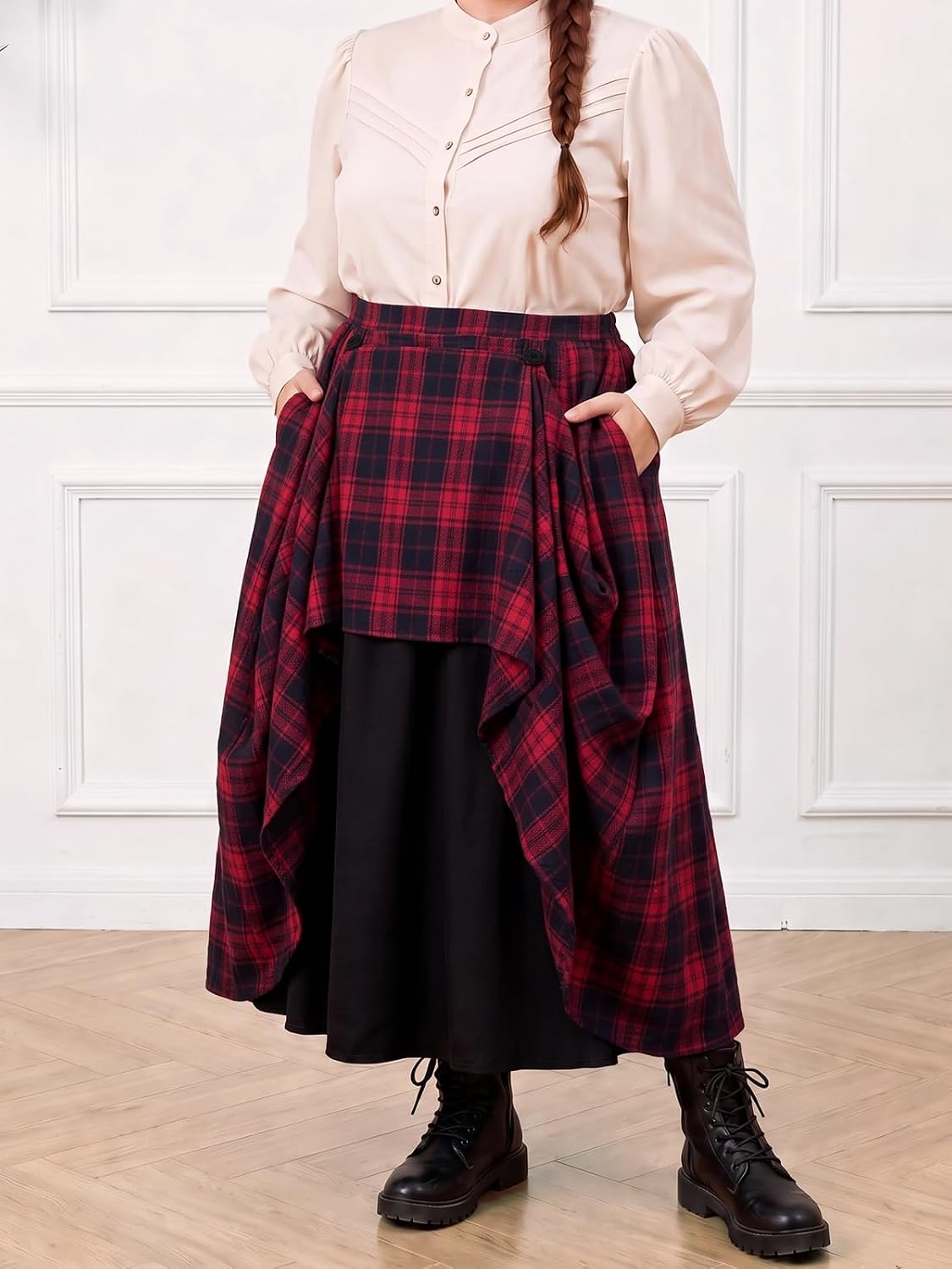 Moon Wood Plus Size Plaid Maxi Skirts for Women Long Skirt with Pockets - Plaid 02