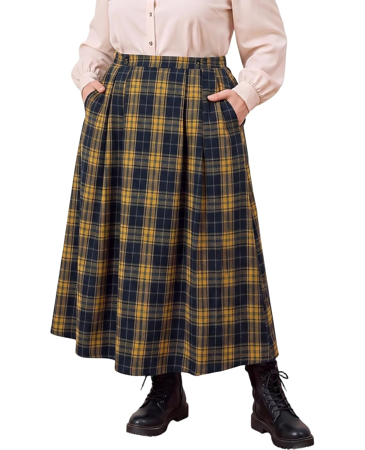 Moon Wood Plus Size Plaid Maxi Skirts for Women Long Skirt with Pockets - Plaid 03