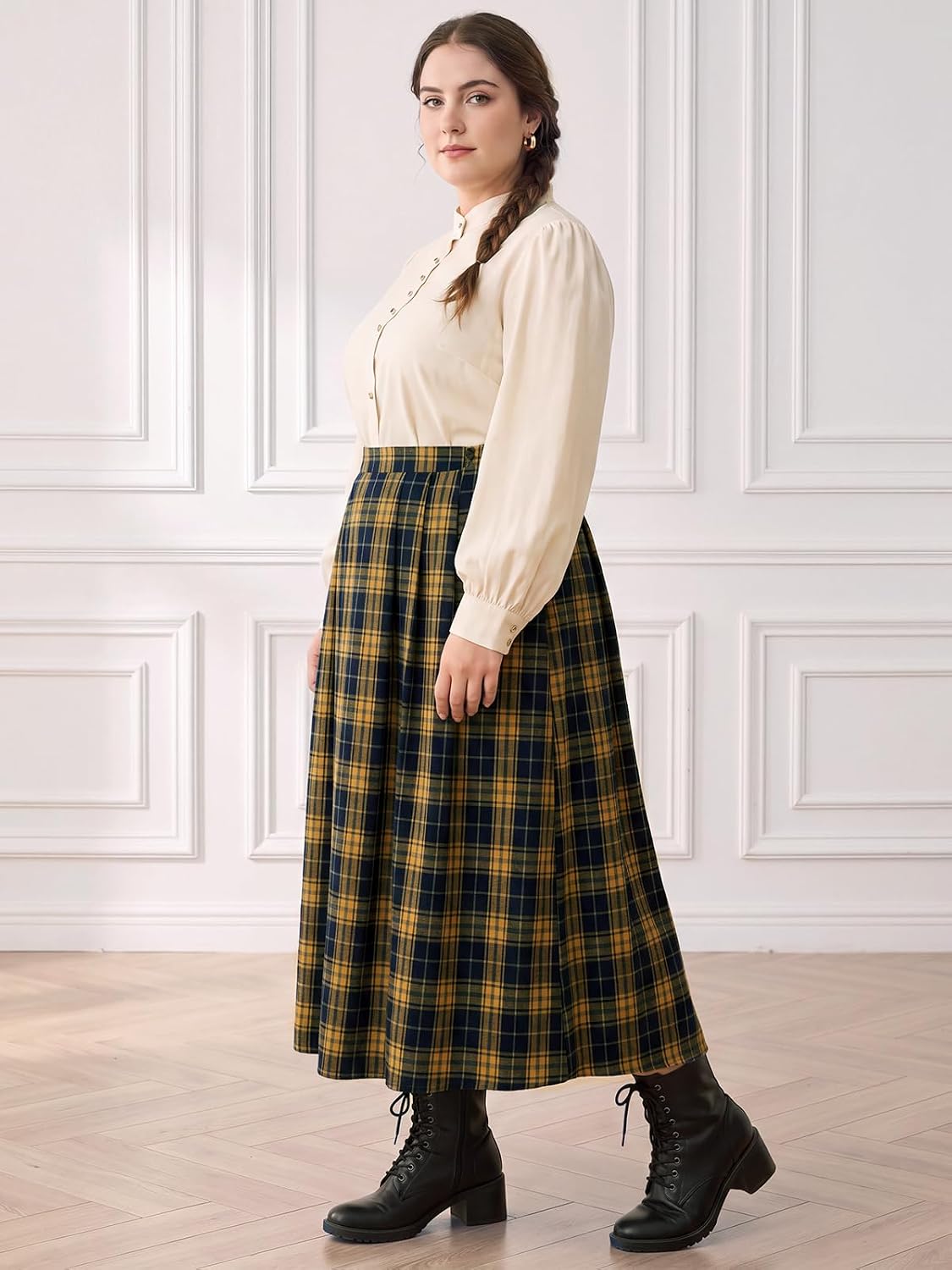 Moon Wood Plus Size Plaid Maxi Skirts for Women Long Skirt with Pockets - Plaid 03