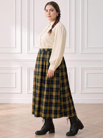 Moon Wood Plus Size Plaid Maxi Skirts for Women Long Skirt with Pockets - Plaid 03