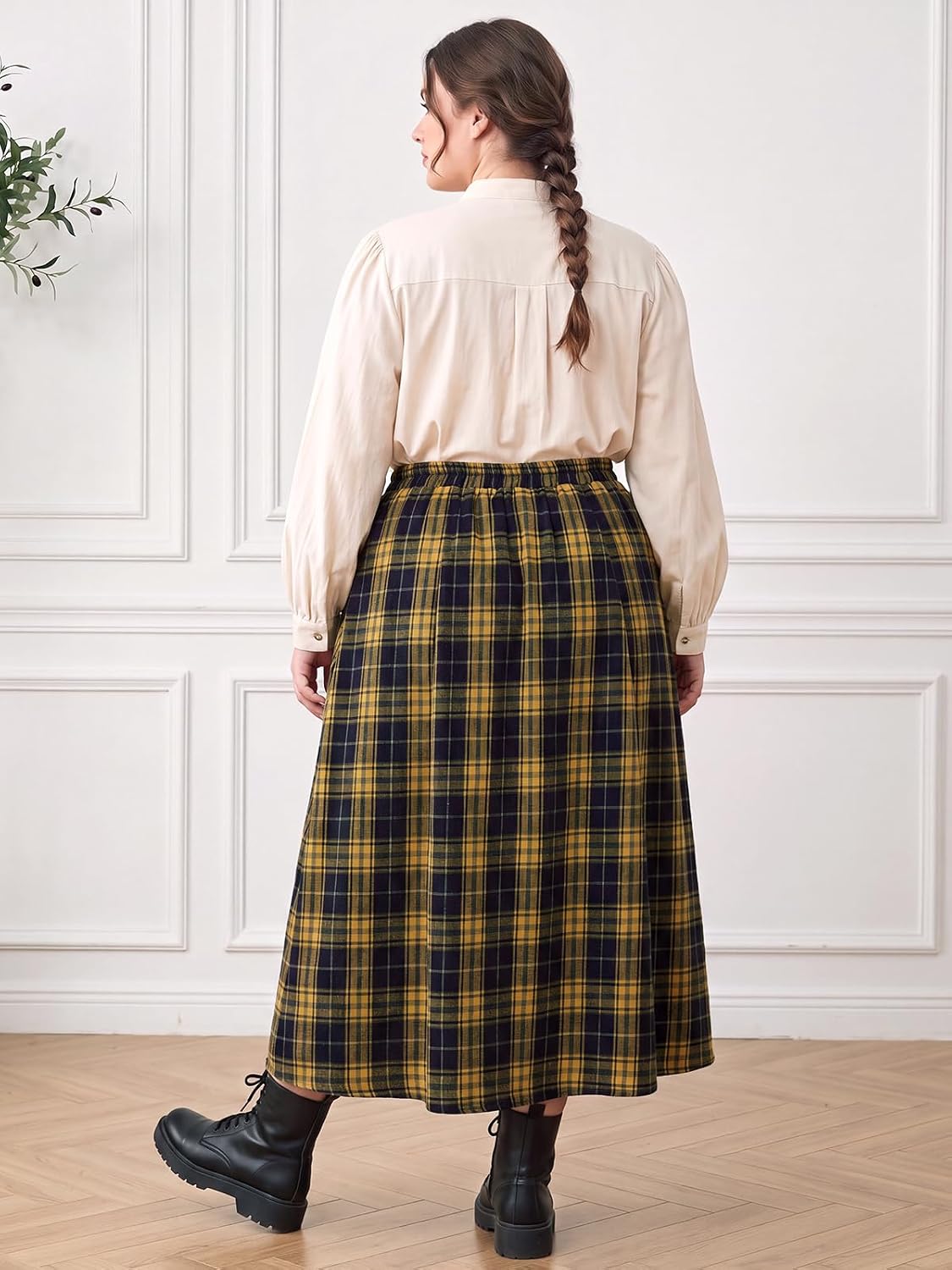 Moon Wood Plus Size Plaid Maxi Skirts for Women Long Skirt with Pockets - Plaid 03