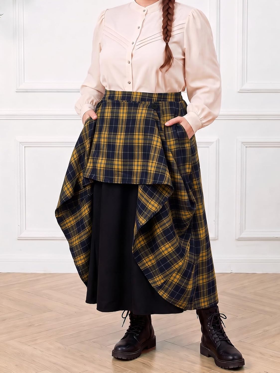 Moon Wood Plus Size Plaid Maxi Skirts for Women Long Skirt with Pockets - Plaid 03
