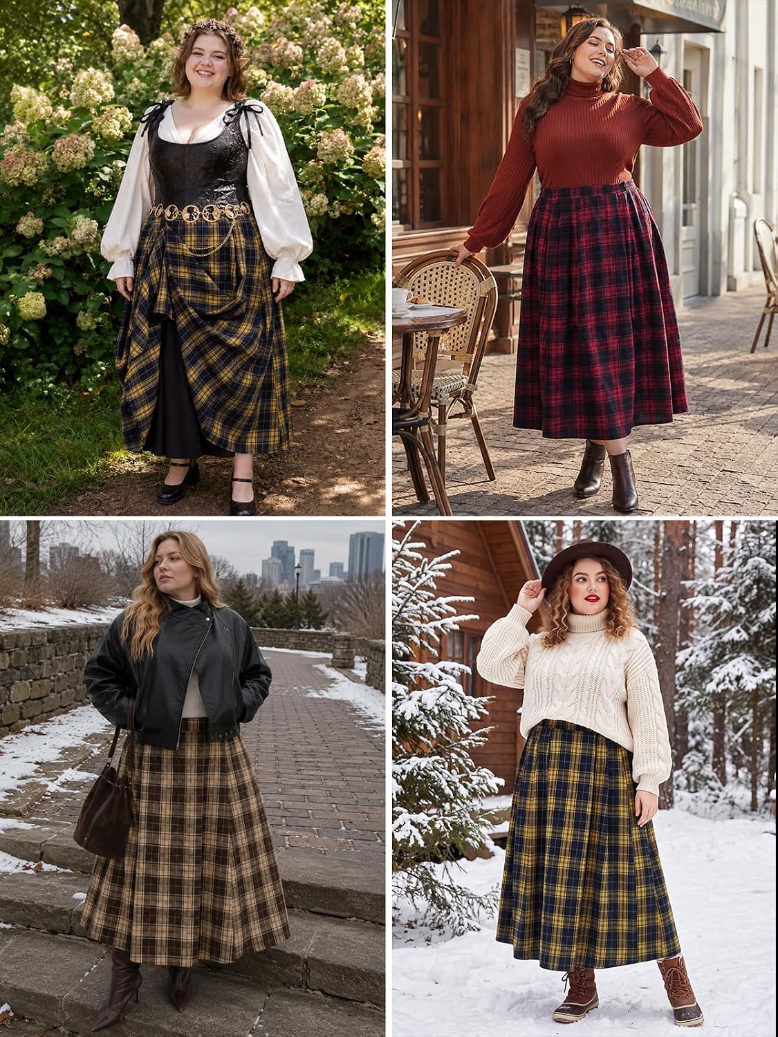 Moon Wood Plus Size Plaid Maxi Skirts for Women Long Skirt with Pockets - Plaid 03