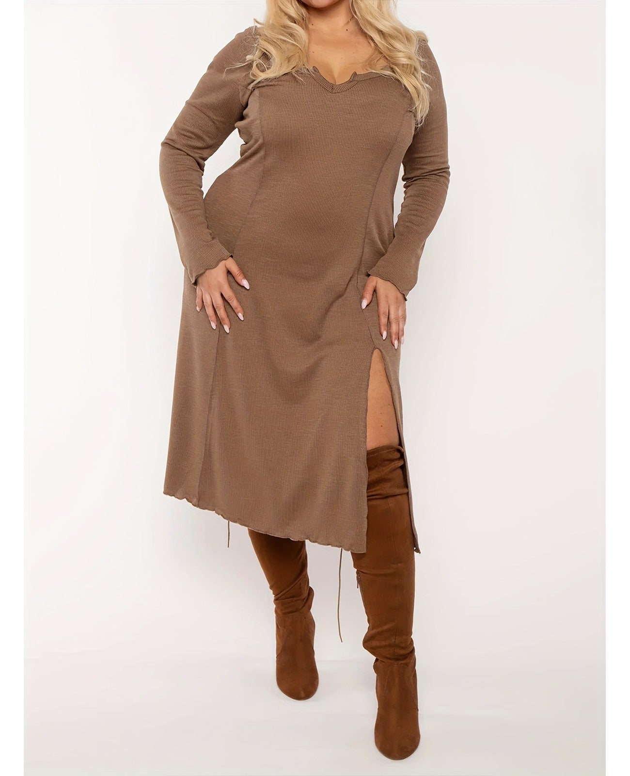 Bulk Plus Size Khaky Dress Stylish Heart Shaped Neck Long Sleeves Skirt Slit 34 Pcs view 1