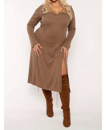 Bulk Plus Size Khaky Dress Stylish Heart Shaped Neck Long Sleeves Skirt Slit 34 Pcs view 1