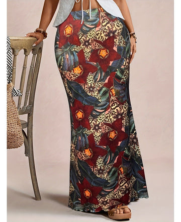Bulk Plus Size Color Oversized Skirt Tropical Floral Pattern High Waisted 8 Pcs view 1