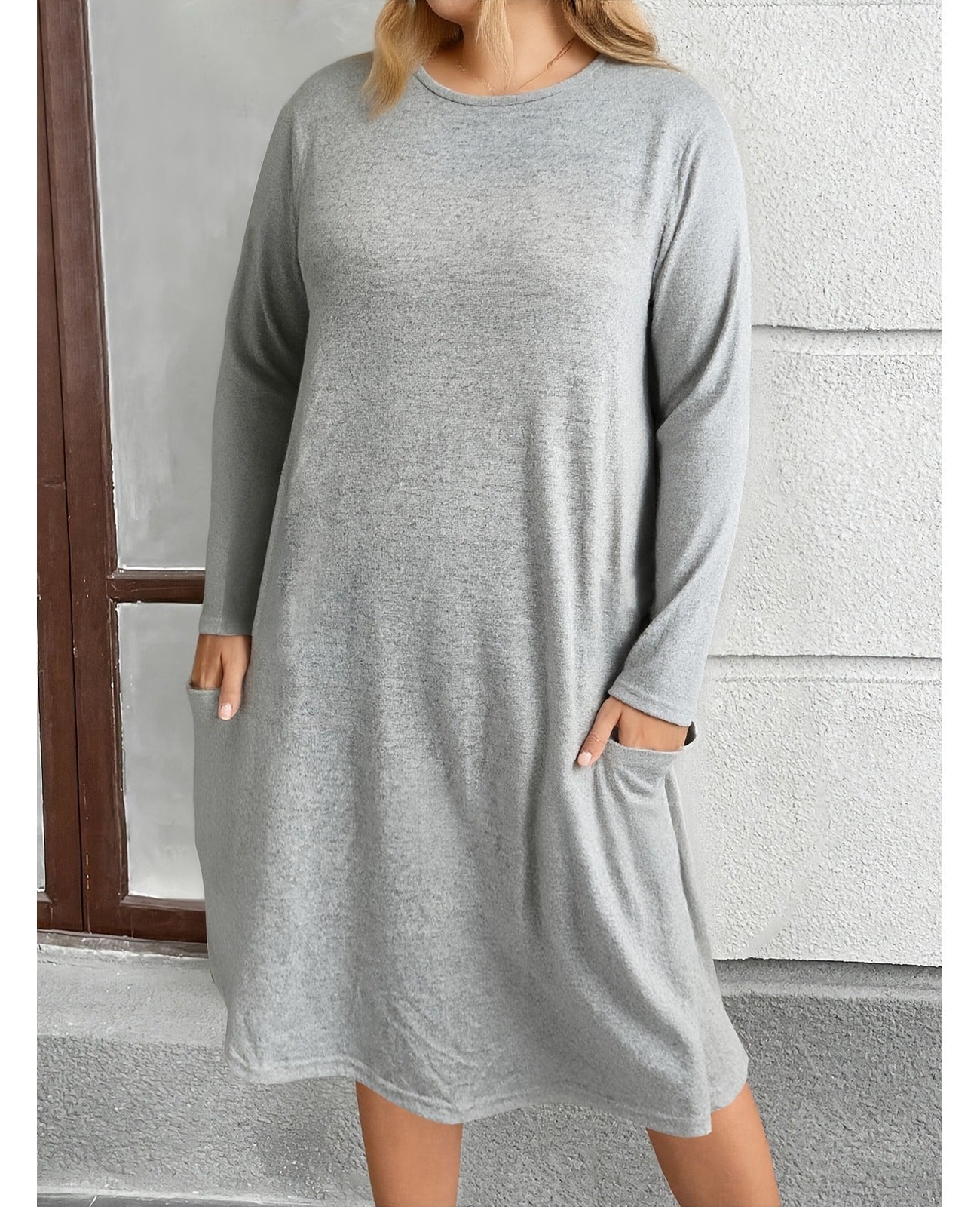 Bulk Plus Size Light Grey Maxi Dress With Pockets Knee Length Round Neck 19 Pcs view 1
