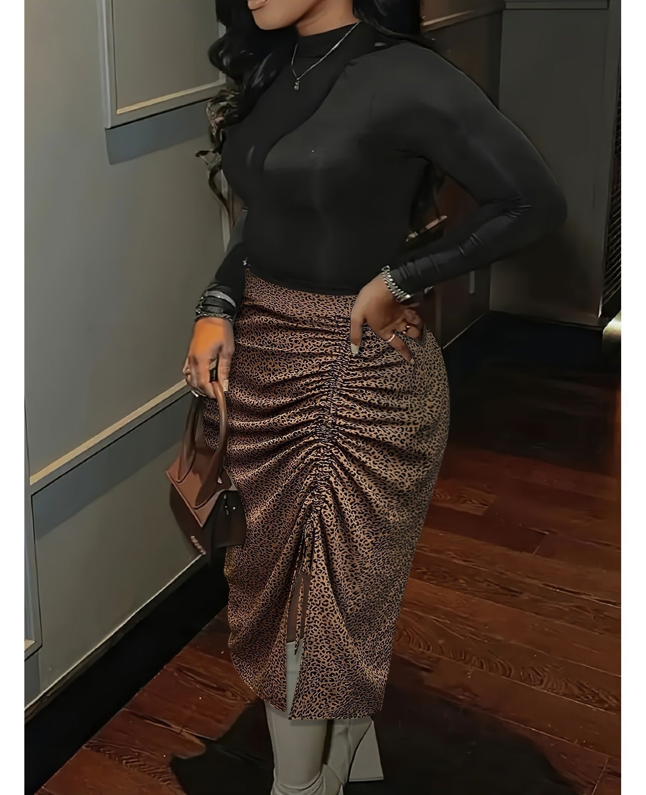 Bulk Plus Size Oversized Leopard Print Pleated Midi Skirt Stylish Chic 16 Pcs view 1
