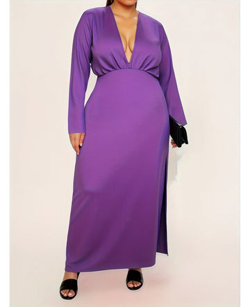 Bulk Plus Size Purple Dress Deep V Neck Long Sleeved Side Slit Design Women 26 Pcs view 1