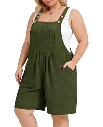 Moon Wood Plus Size Rompers for Women Short Overalls Jumpsuit with Adjustable Straps Sleeveless Romper With Pockets - Army Green