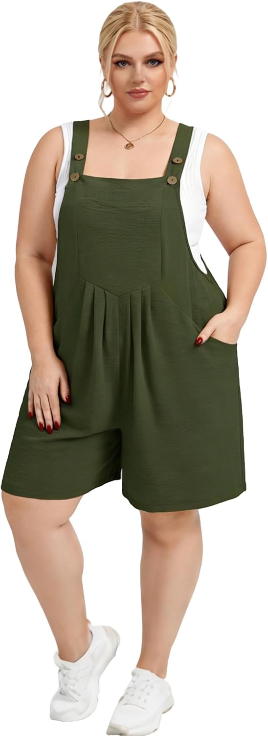 Moon Wood Plus Size Rompers for Women Short Overalls Jumpsuit with Adjustable Straps Sleeveless Romper With Pockets - Army Green