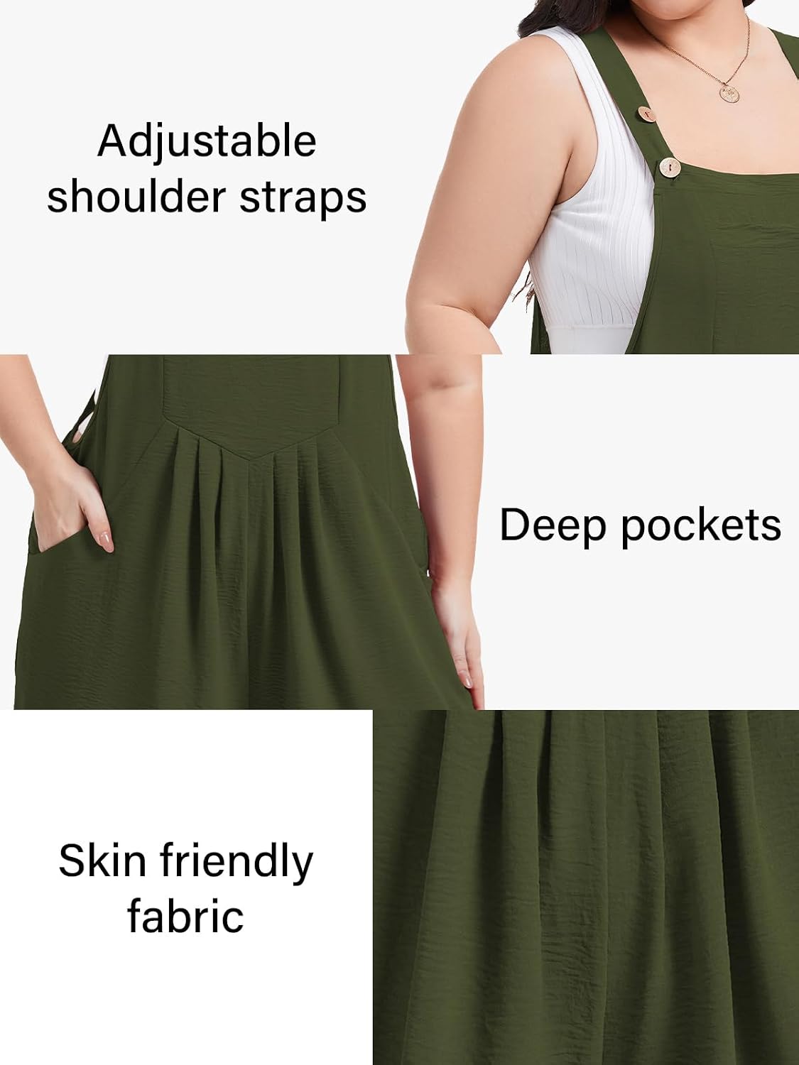 Moon Wood Plus Size Rompers for Women Short Overalls Jumpsuit with Adjustable Straps Sleeveless Romper With Pockets - Army Green