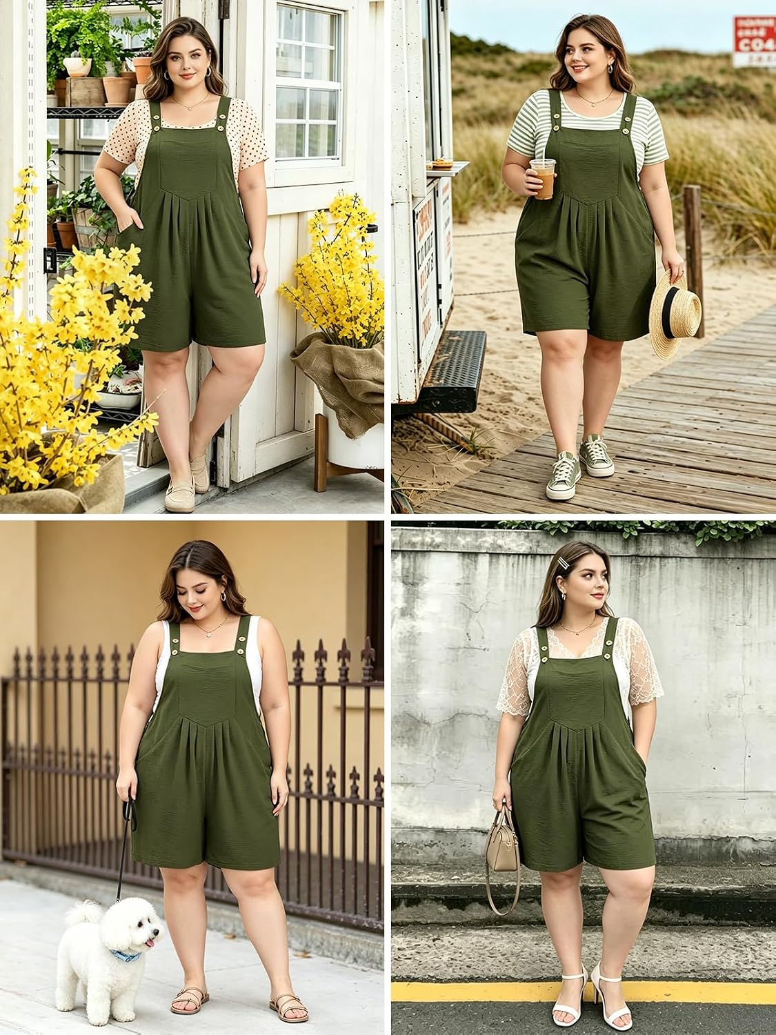 Moon Wood Plus Size Rompers for Women Short Overalls Jumpsuit with Adjustable Straps Sleeveless Romper With Pockets - Army Green