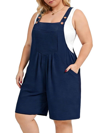 Moon Wood Plus Size Rompers for Women Short Overalls Jumpsuit with Adjustable Straps Sleeveless Romper With Pockets - Navy Blue