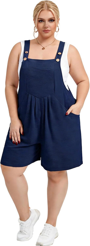 Moon Wood Plus Size Rompers for Women Short Overalls Jumpsuit with Adjustable Straps Sleeveless Romper With Pockets - Navy Blue