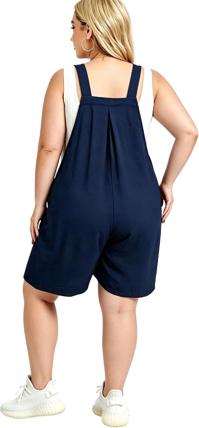 Moon Wood Plus Size Rompers for Women Short Overalls Jumpsuit with Adjustable Straps Sleeveless Romper With Pockets - Navy Blue