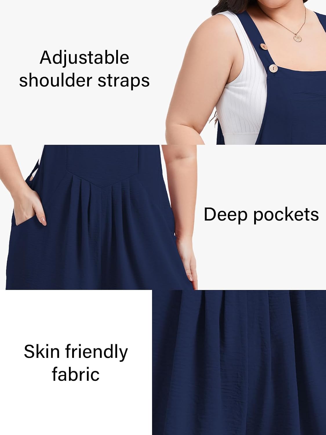 Moon Wood Plus Size Rompers for Women Short Overalls Jumpsuit with Adjustable Straps Sleeveless Romper With Pockets - Navy Blue