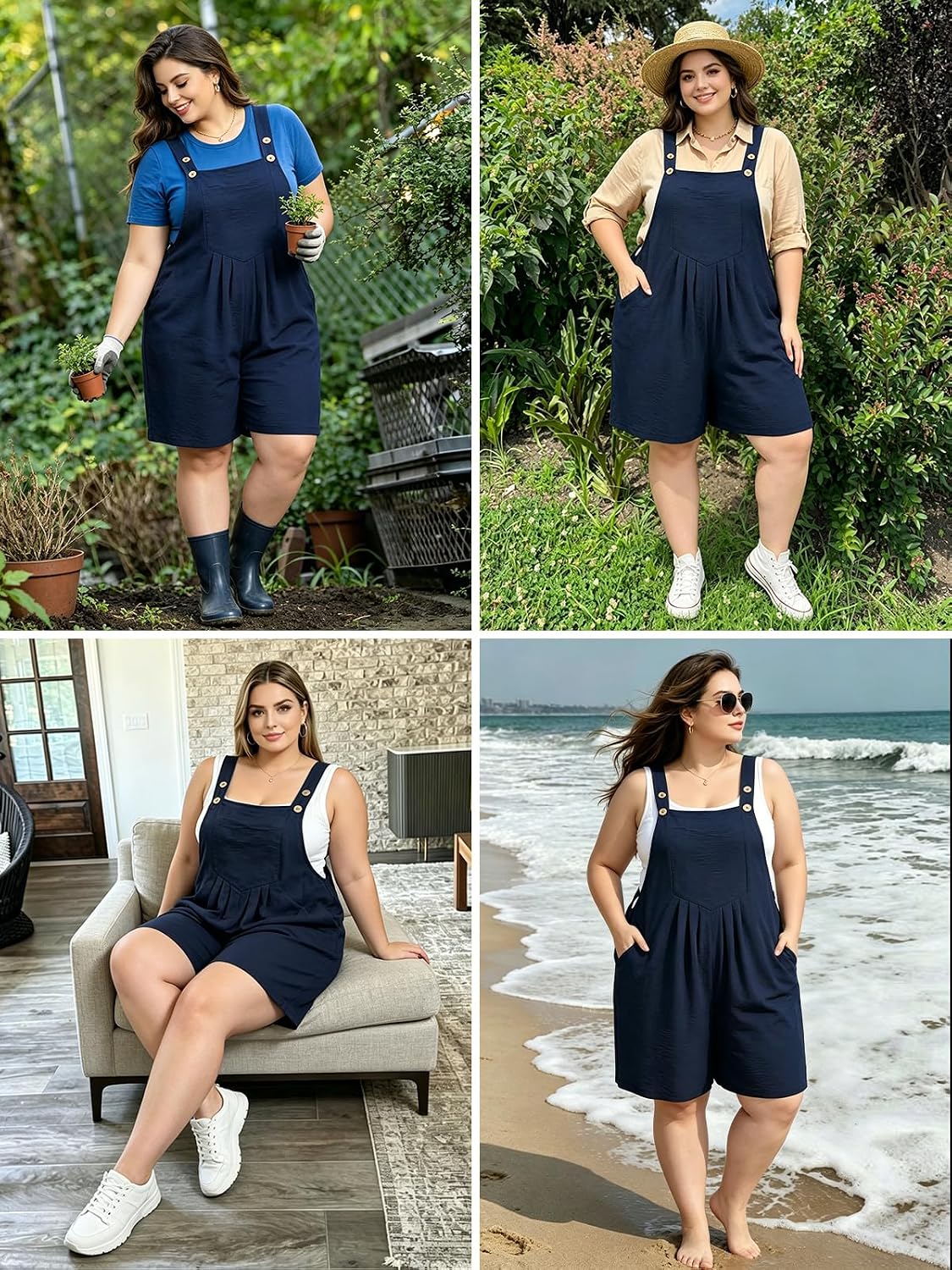 Moon Wood Plus Size Rompers for Women Short Overalls Jumpsuit with Adjustable Straps Sleeveless Romper With Pockets - Navy Blue