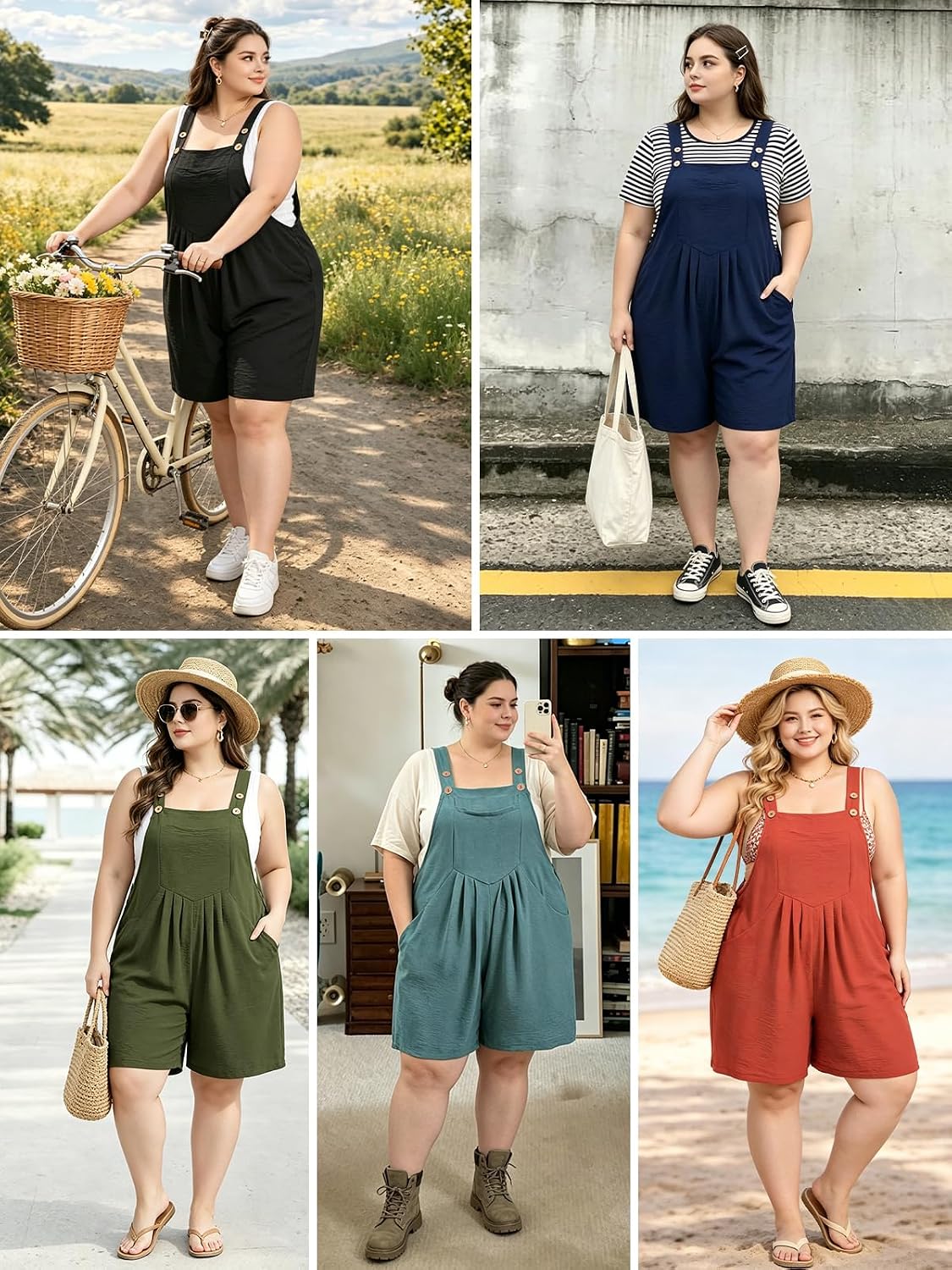 Moon Wood Plus Size Rompers for Women Short Overalls Jumpsuit with Adjustable Straps Sleeveless Romper With Pockets - Navy Blue