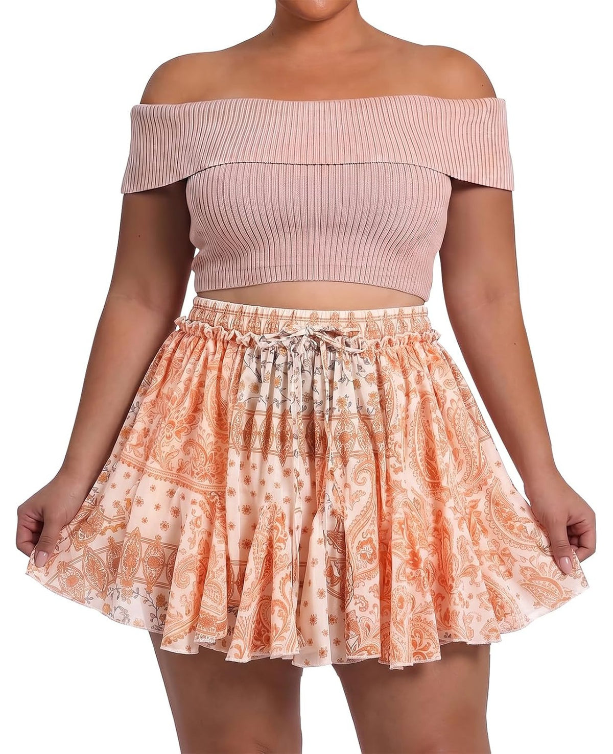 Moon Wood Plus Size Ruffle Mini Skort with Pockets High Waisted Pleated A-Line - Floral01 - view 1