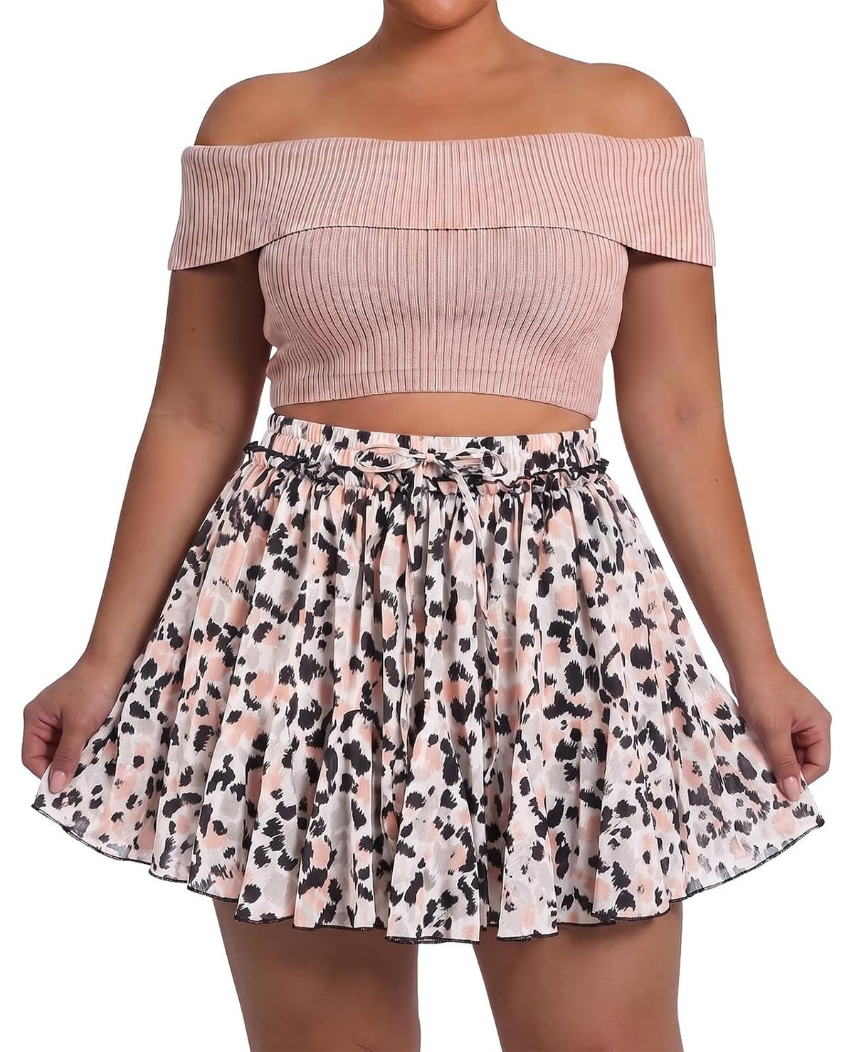 Moon Wood Plus Size Ruffle Mini Skort with Pockets High Waisted Pleated A-Line - Floral02 - view 1
