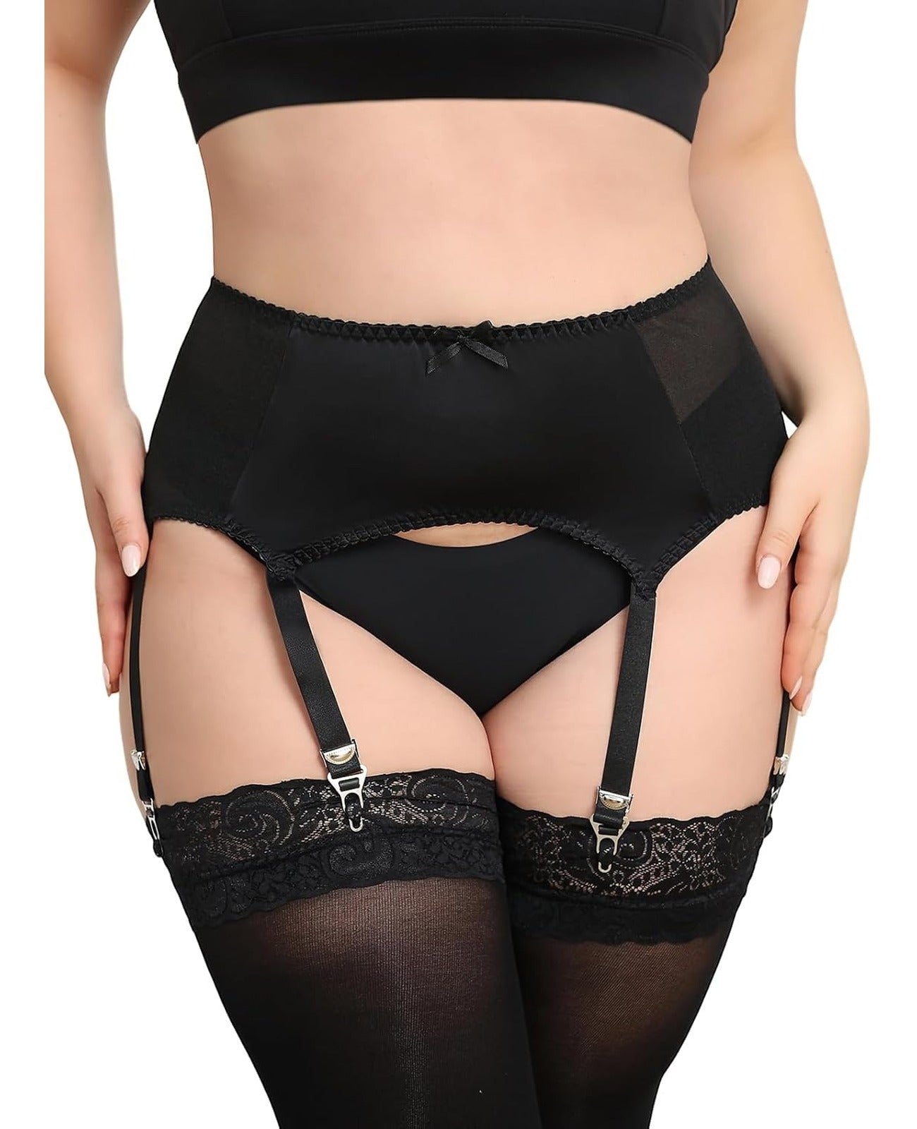 Moon Wood Plus Size Black Satin Mesh Garter Belt - view 1