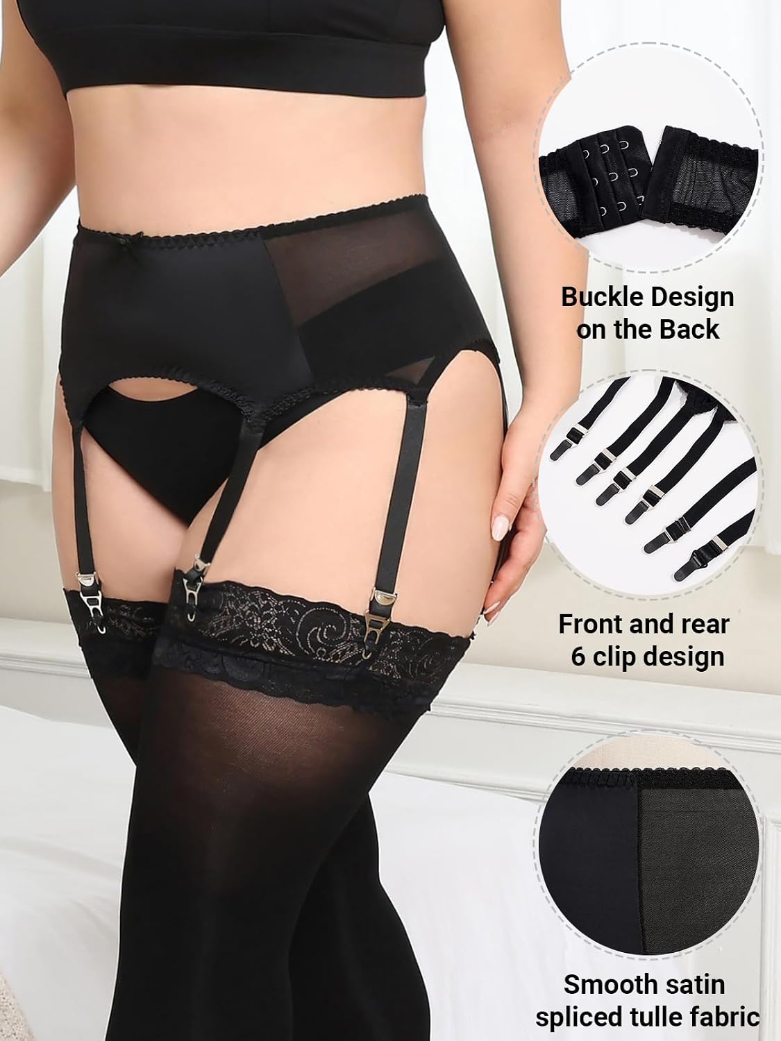 Moon Wood Plus Size Black Satin Mesh Garter Belt - view 4