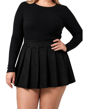 Moon Wood Plus Size Suede Pleated Mini Skort with Pockets - Black - view 1