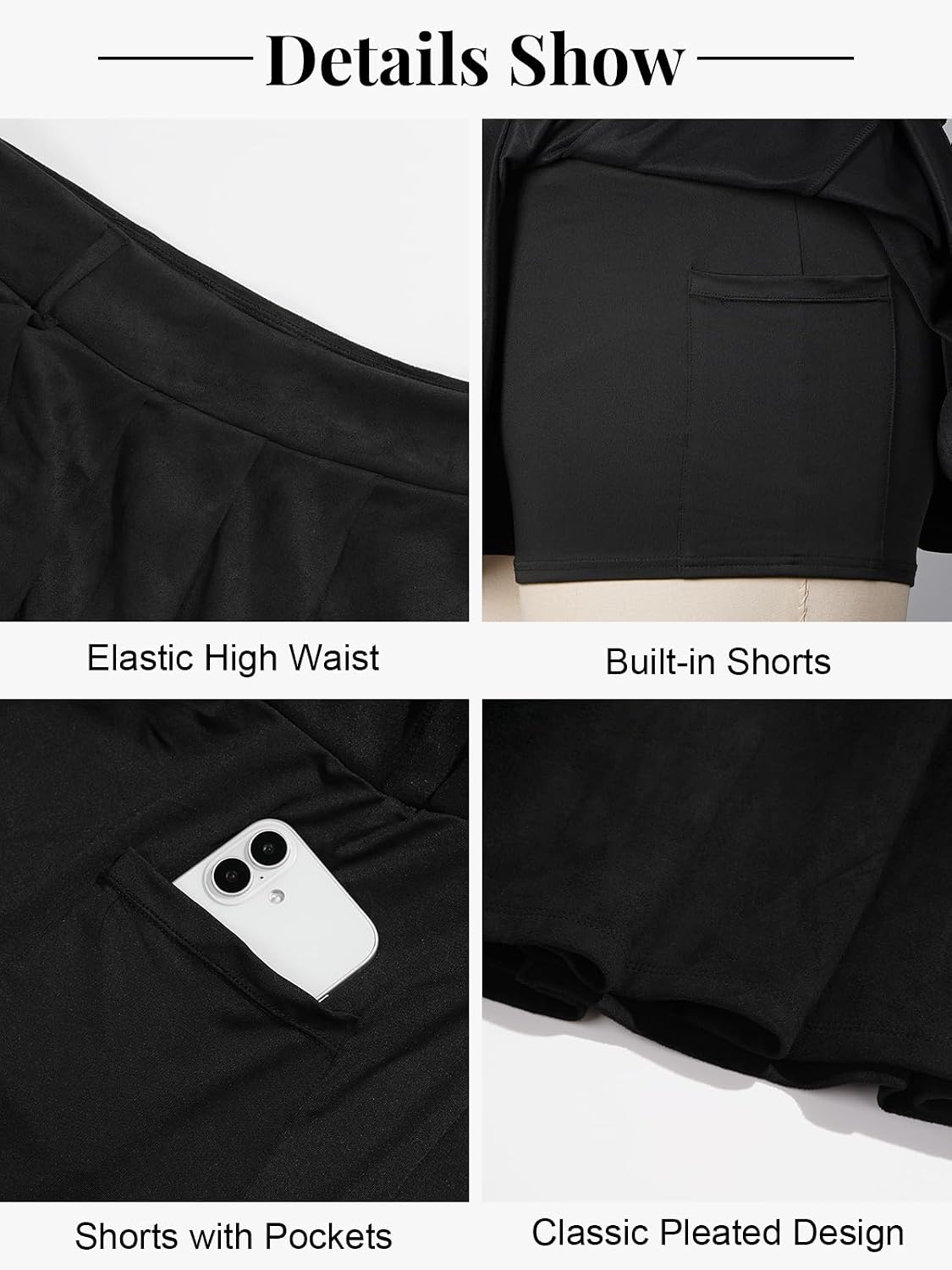 Moon Wood Plus Size Suede Pleated Mini Skort with Pockets - Black - view 5