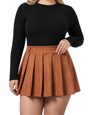 Moon Wood Plus Size Suede Pleated Mini Skort with Pockets - Brown - view 1