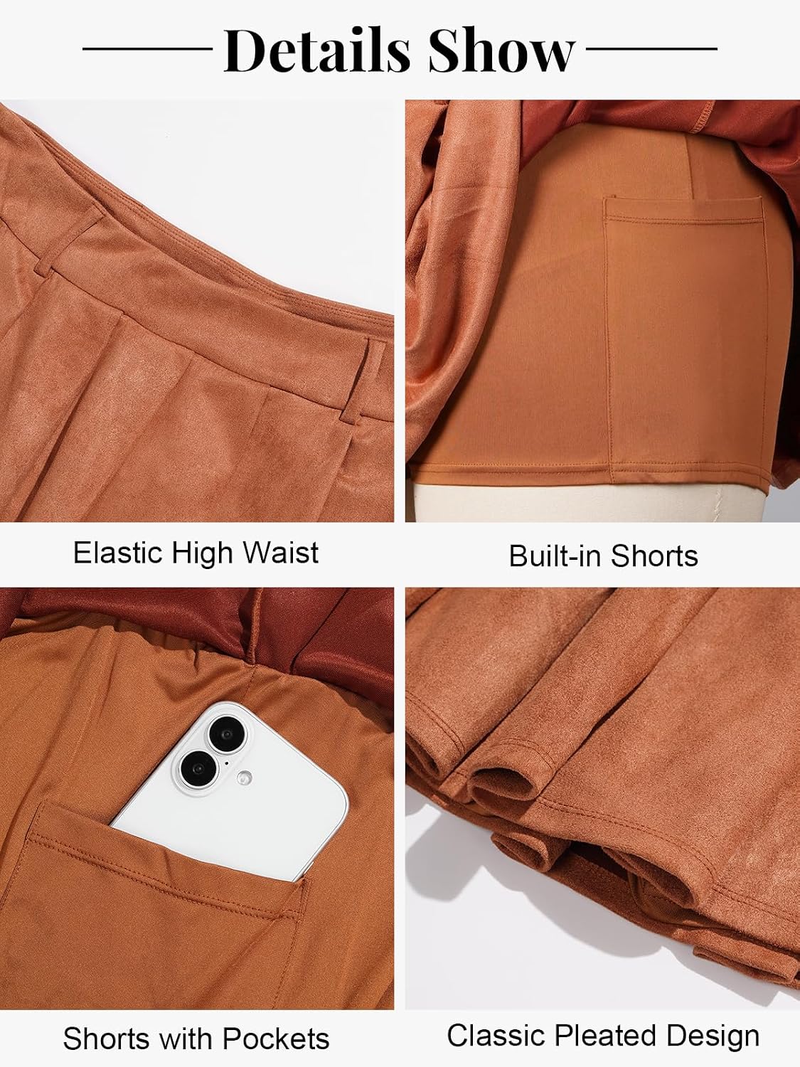 Moon Wood Plus Size Suede Pleated Mini Skort with Pockets - Brown - view 5