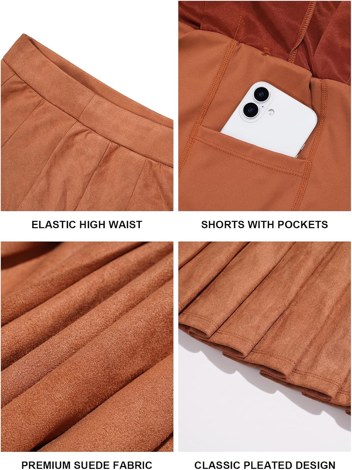 Moon Wood Plus Size Suede Pleated Skort with Pockets - Brown - view 5