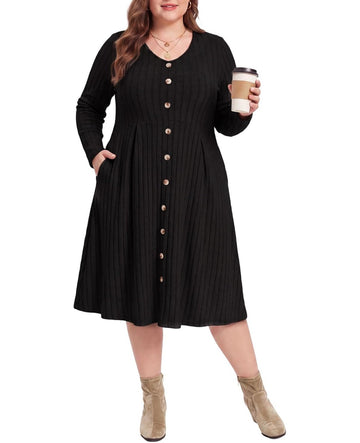 Moon Wood Plus Size Sweater Dress for Women Long Sleeve Midi Fall Dresses with Pocket - Black