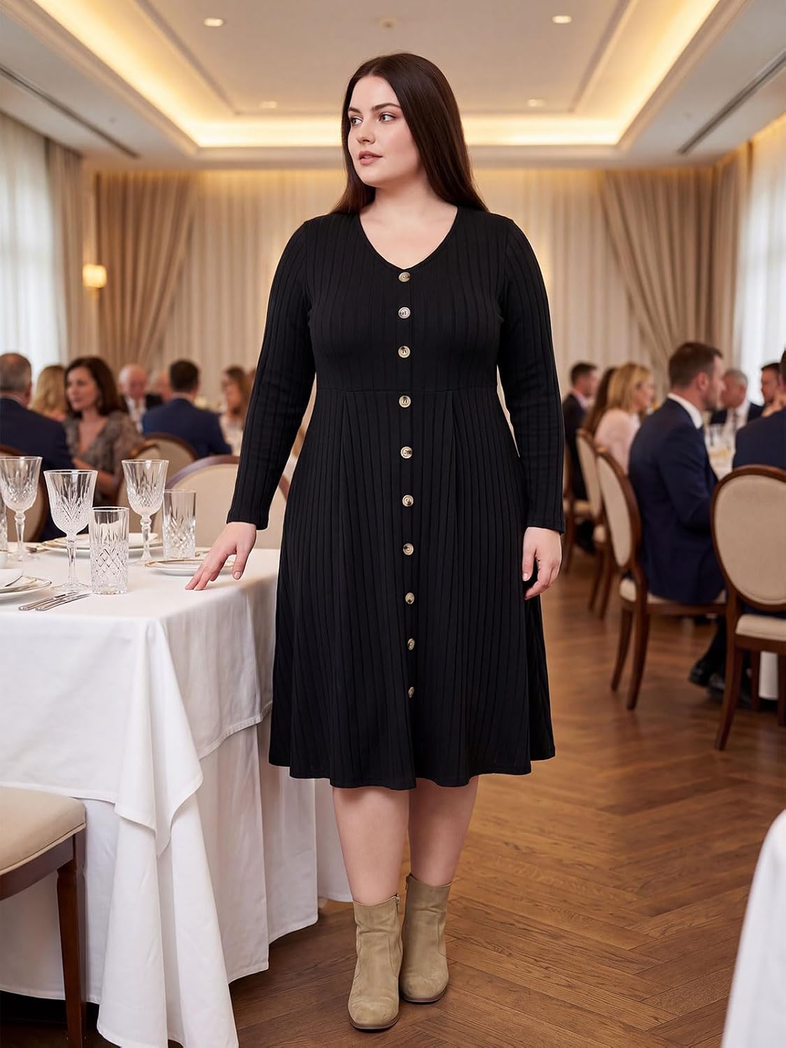 Moon Wood Plus Size Sweater Dress for Women Long Sleeve Midi Fall Dresses with Pocket - Black