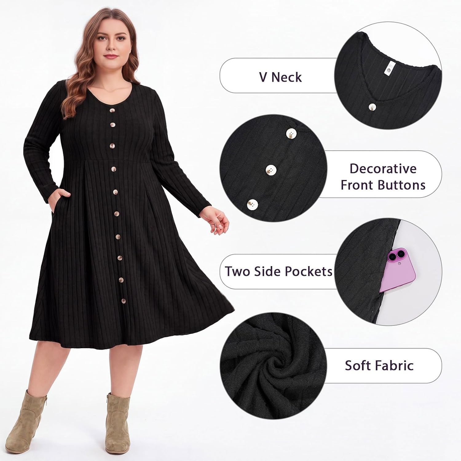 Moon Wood Plus Size Sweater Dress for Women Long Sleeve Midi Fall Dresses with Pocket - Black