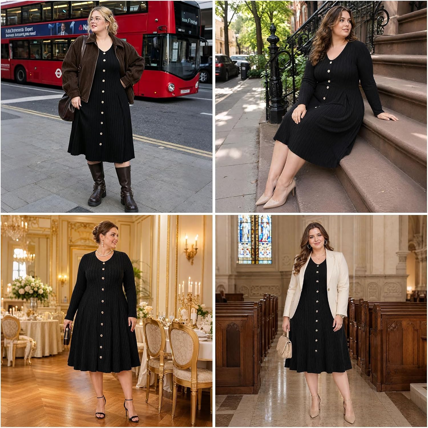 Moon Wood Plus Size Sweater Dress for Women Long Sleeve Midi Fall Dresses with Pocket - Black