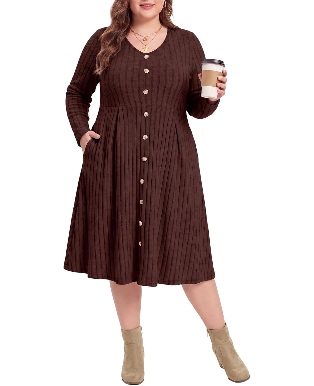 Moon Wood Plus Size Sweater Dress for Women Long Sleeve Midi Fall Dresses with Pocket - Brown