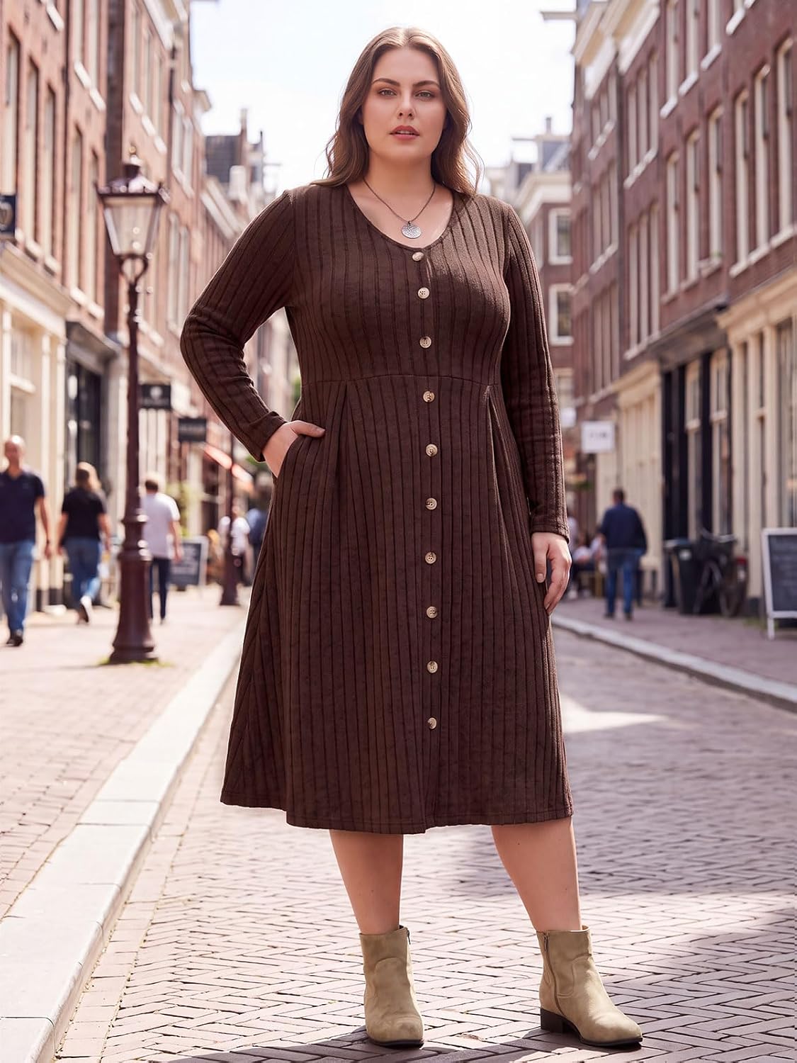 Moon Wood Plus Size Sweater Dress for Women Long Sleeve Midi Fall Dresses with Pocket - Brown