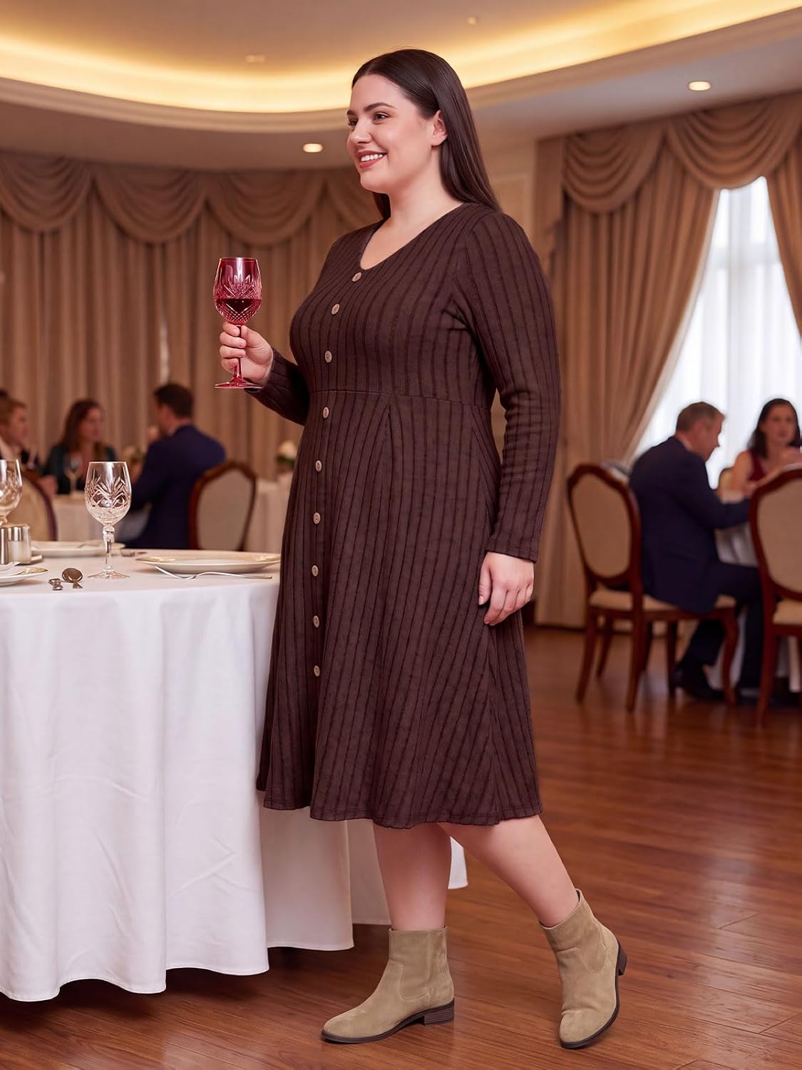 Moon Wood Plus Size Sweater Dress for Women Long Sleeve Midi Fall Dresses with Pocket - Brown