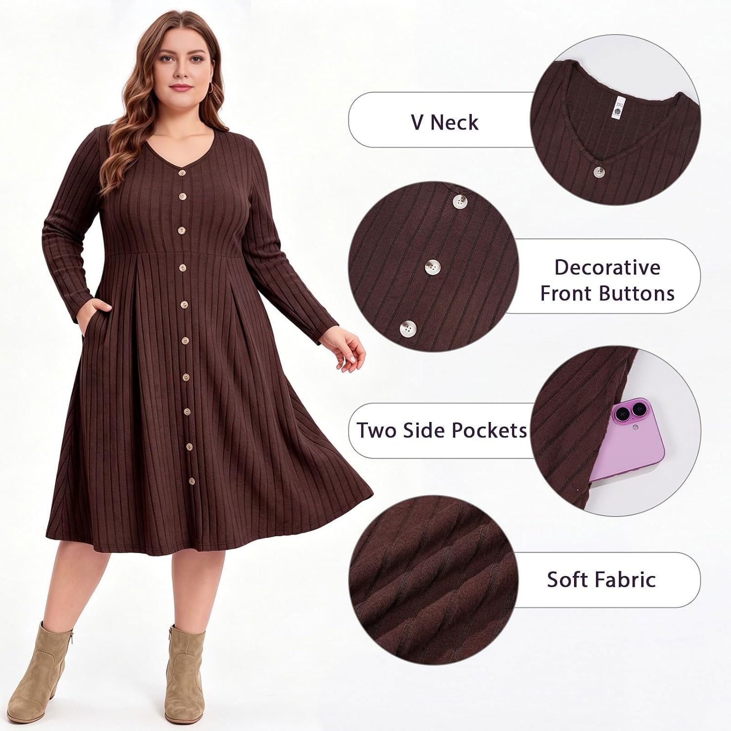 Moon Wood Plus Size Sweater Dress for Women Long Sleeve Midi Fall Dresses with Pocket - Brown