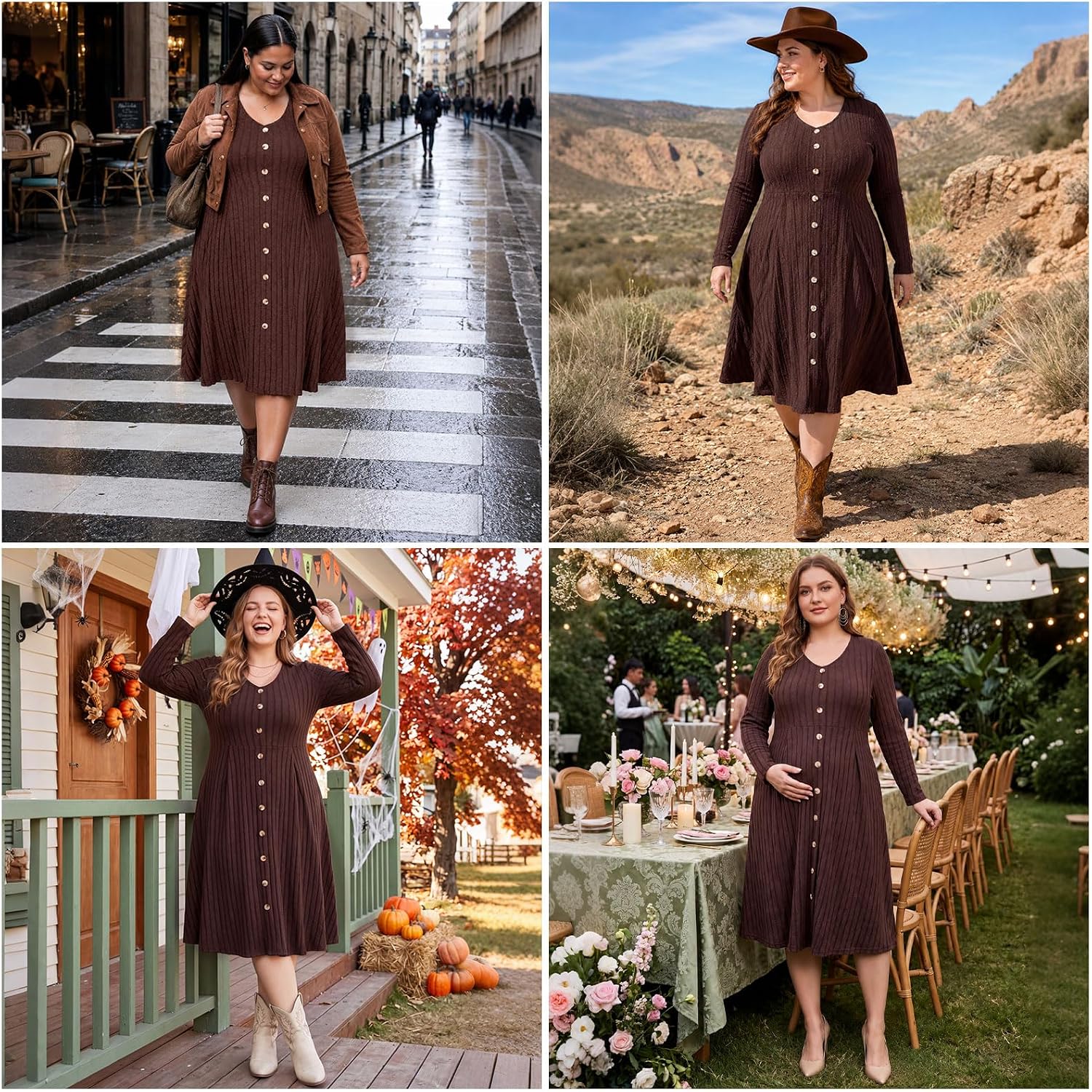 Moon Wood Plus Size Sweater Dress for Women Long Sleeve Midi Fall Dresses with Pocket - Brown