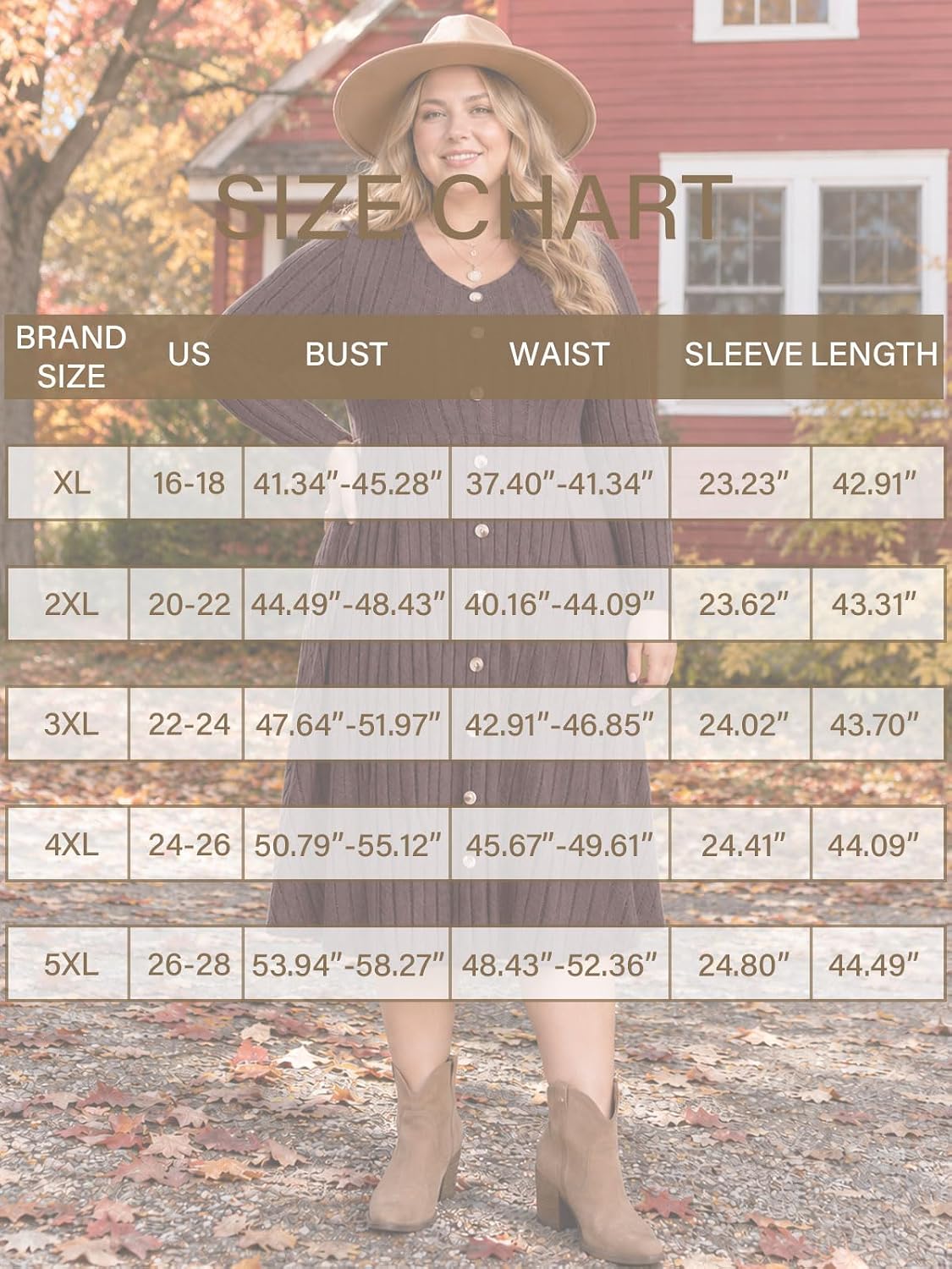 Moon Wood Plus Size Sweater Dress for Women Long Sleeve Midi Fall Dresses with Pocket - Brown