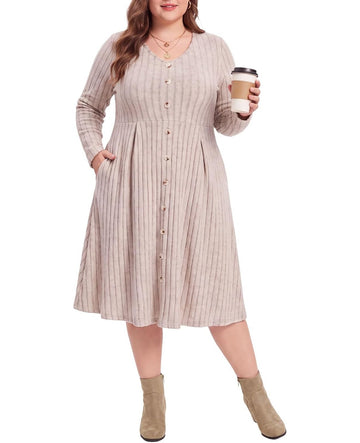 Moon Wood Plus Size Sweater Dress for Women Long Sleeve Midi Fall Dresses with Pocket - Khaki