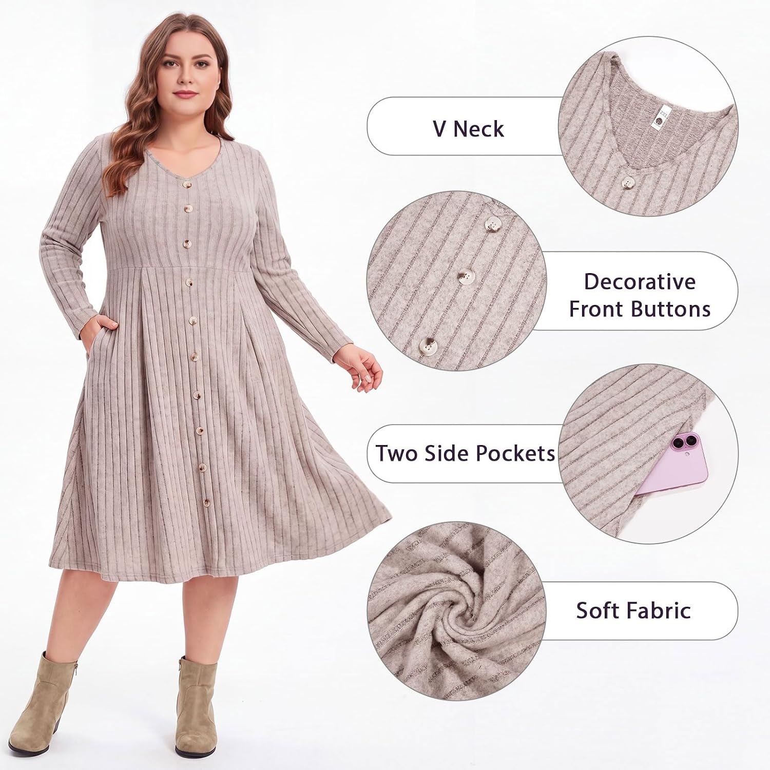 Moon Wood Plus Size Sweater Dress for Women Long Sleeve Midi Fall Dresses with Pocket - Khaki